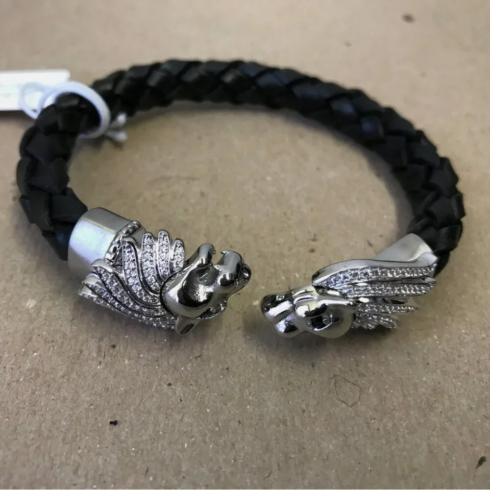 Blackjack Cubic Zirconia Lion Head Leather Cuff Bracelet